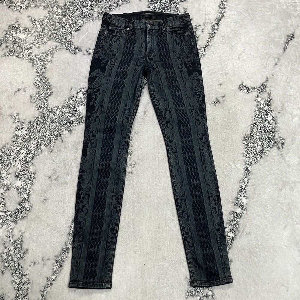 7 For All Mankind Women's Jeans 27 Black Baroque Damask Print Skinny